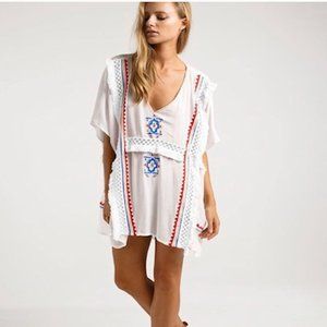 Elegant White and Red Embroidered Swim Cover-Up